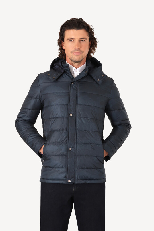 Erkek Petrol Regular Fit Kapüşonlu Desenli Kaban