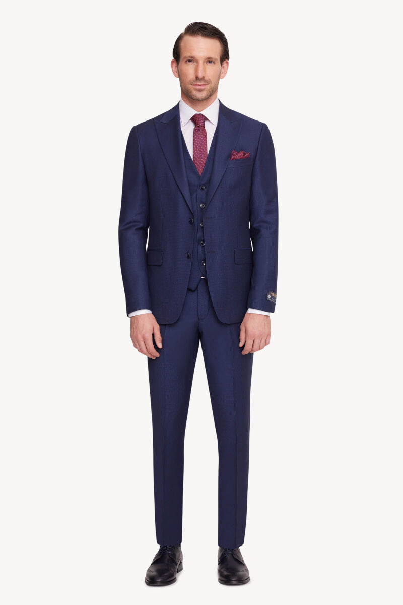 Erkek Petrol Slim Fit Sivri Yaka Yelekli Takım Elbise - 1