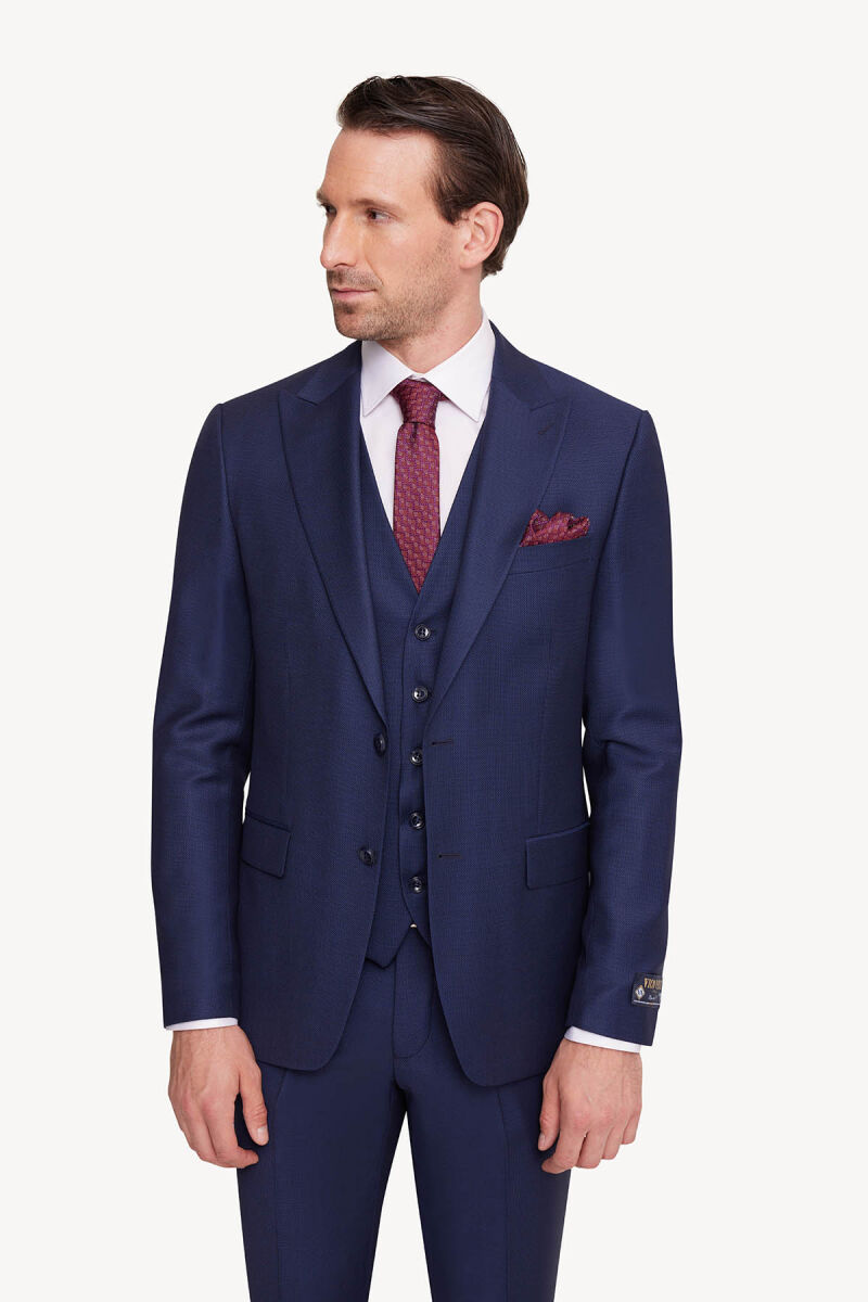 Erkek Petrol Slim Fit Sivri Yaka Yelekli Takım Elbise - 2