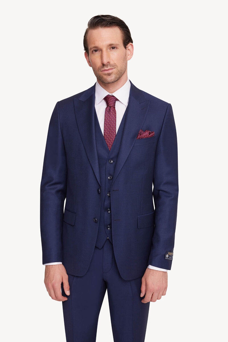 Erkek Petrol Slim Fit Sivri Yaka Yelekli Takım Elbise - 3