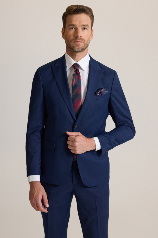 Erkek Petrol Slim Fit Sivri Yaka Yünlü Takım Elbise