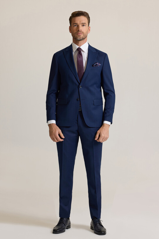 Erkek Petrol Slim Fit Sivri Yaka Yünlü Takım Elbise