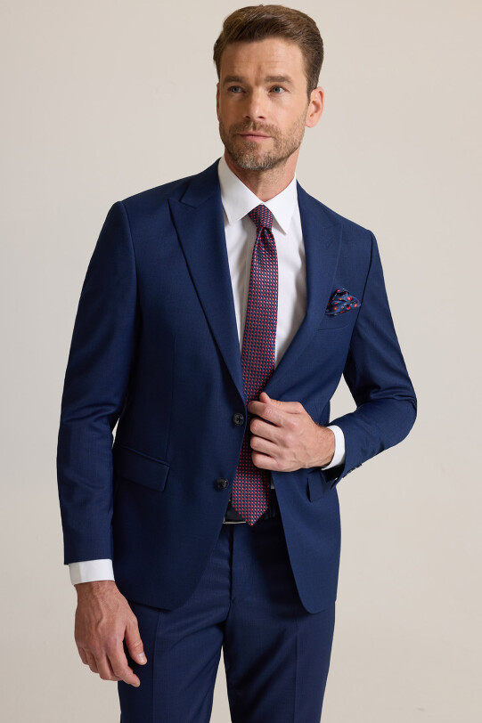 Erkek Petrol Slim Fit Sivri Yaka Yünlü Takım Elbise