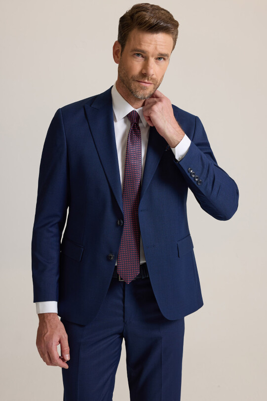 Erkek Petrol Slim Fit Sivri Yaka Yünlü Takım Elbise