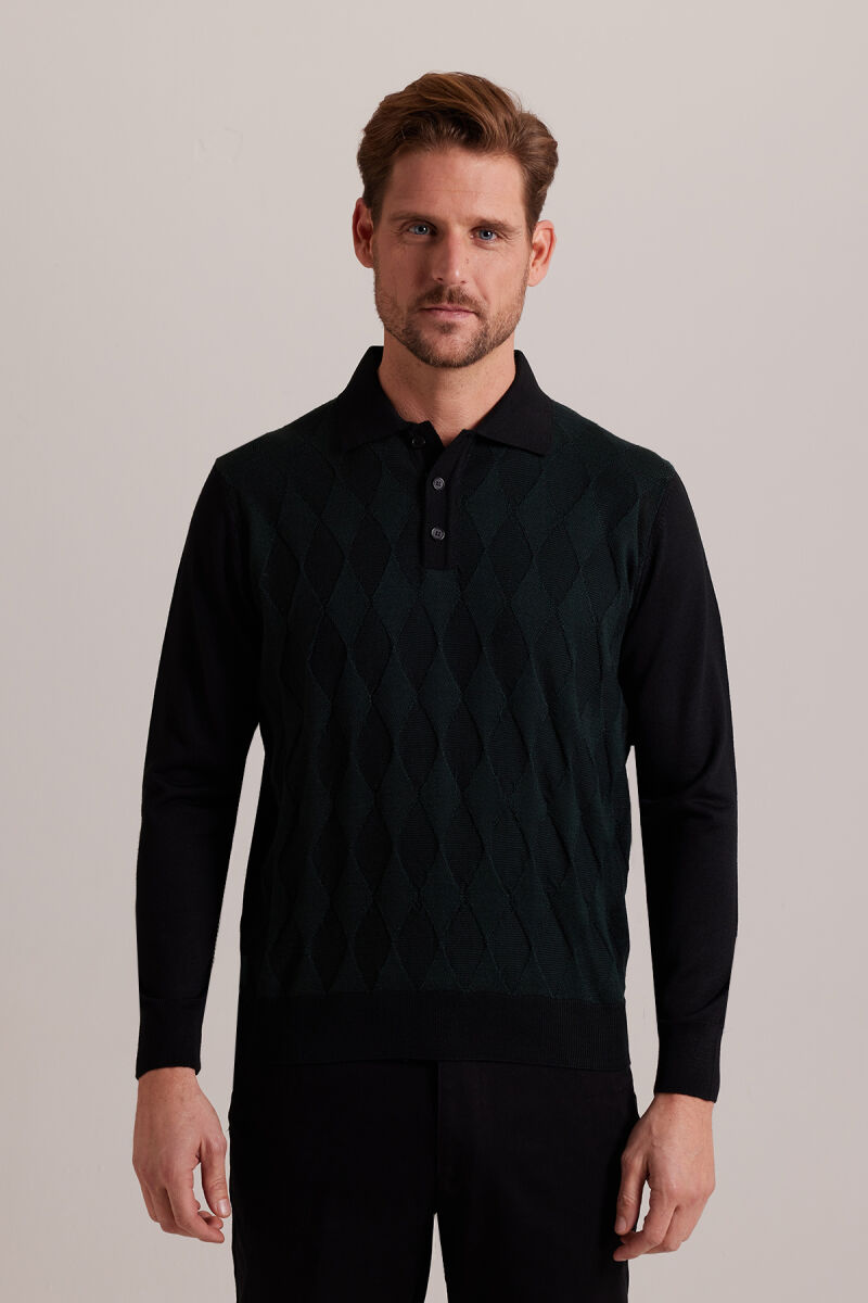 Erkek Polo Yaka Baklava Desenli Triko - 1
