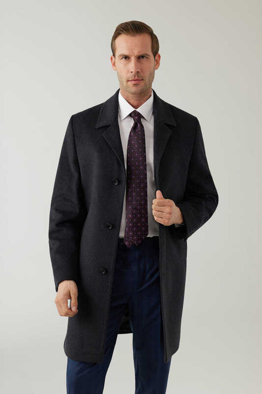 Erkek Gri Regular Fit Mono Yaka Kaşmir Palto