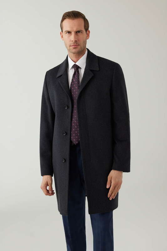 Erkek Gri Regular Fit Mono Yaka Kaşmir Palto