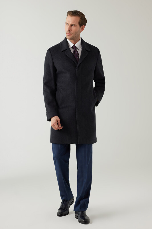 Erkek Gri Regular Fit Mono Yaka Kaşmir Palto