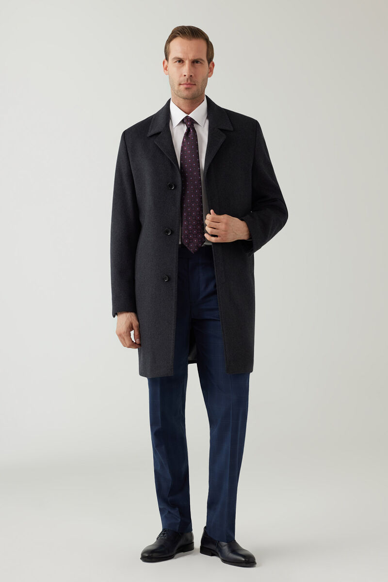 Erkek Gri Regular Fit Mono Yaka Kaşmir Palto - 5