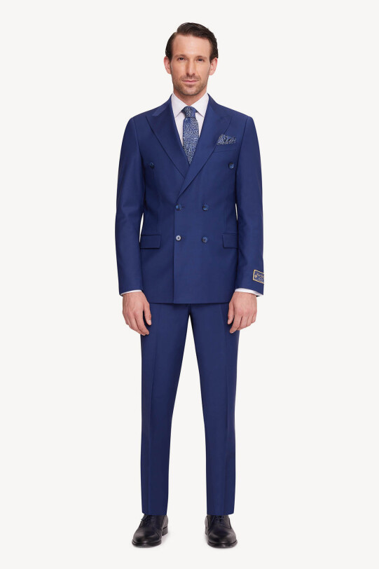 Erkek Saks Mavisi Regular Fit Kruvaze Takım Elbise