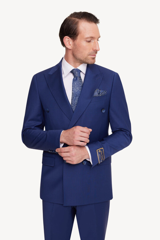 Erkek Saks Mavisi Regular Fit Kruvaze Takım Elbise