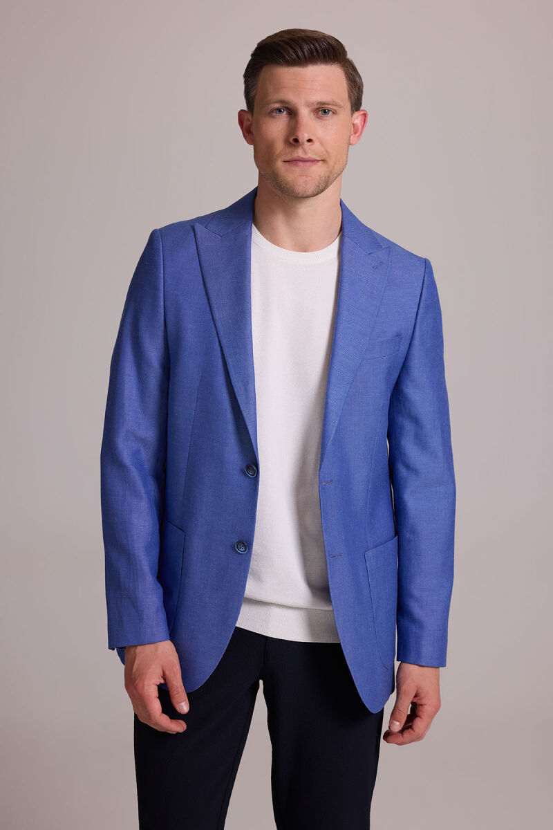 Erkek Saks Mavisi Regular Fit Sivri Yaka Tek Ceket - 1