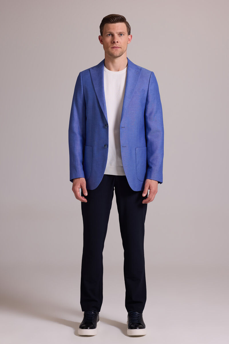 Erkek Saks Mavisi Regular Fit Sivri Yaka Tek Ceket - 3