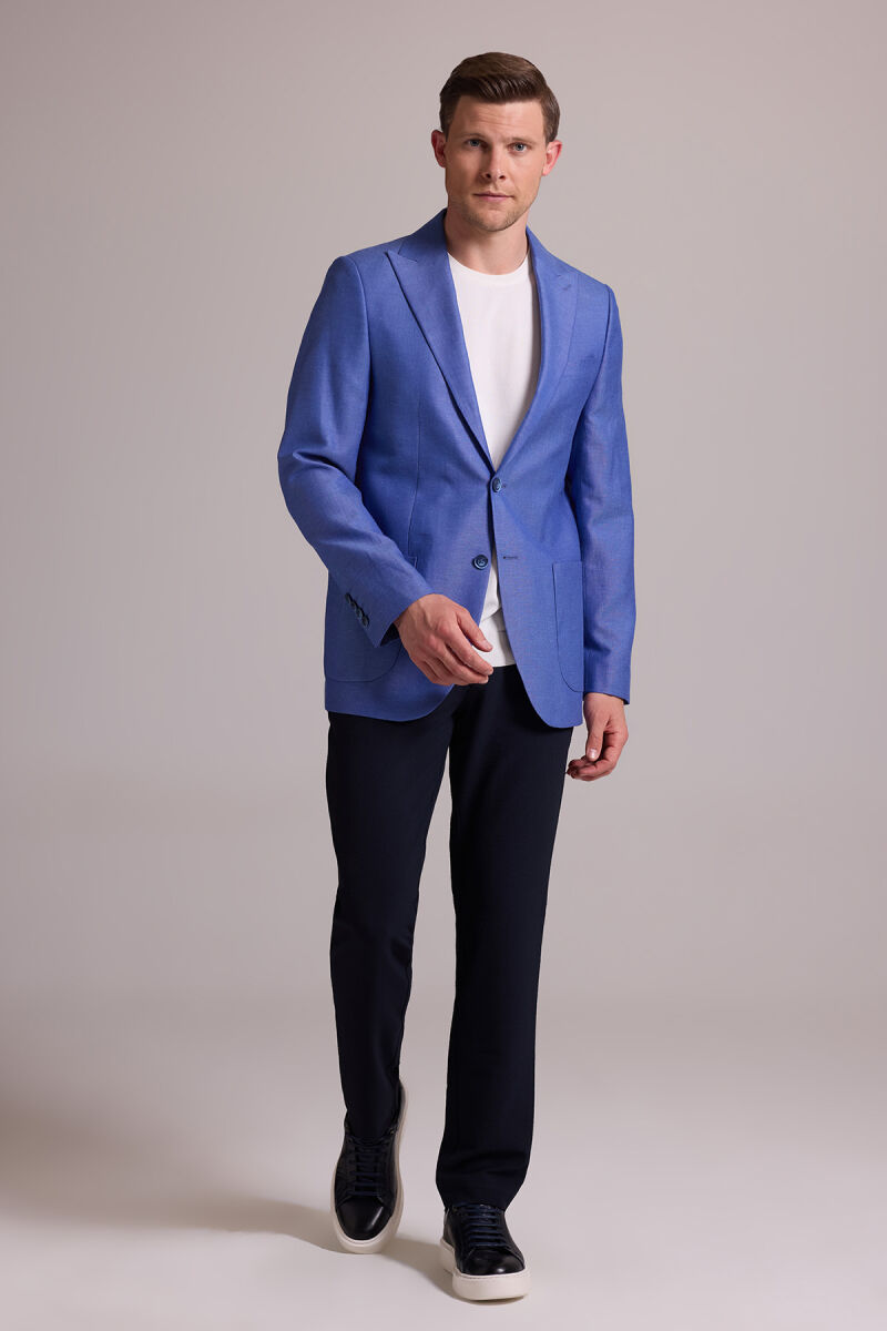 Erkek Saks Mavisi Regular Fit Sivri Yaka Tek Ceket - 4