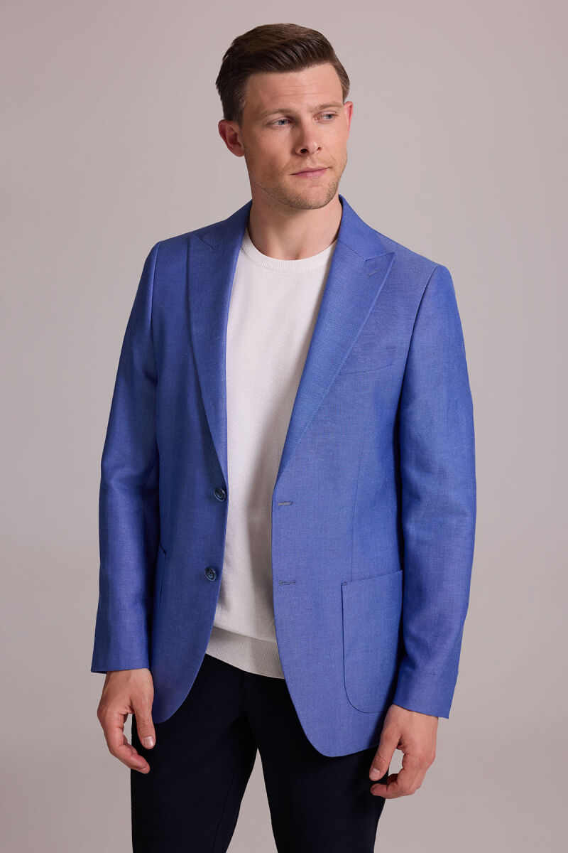 Erkek Saks Mavisi Regular Fit Sivri Yaka Tek Ceket - 6