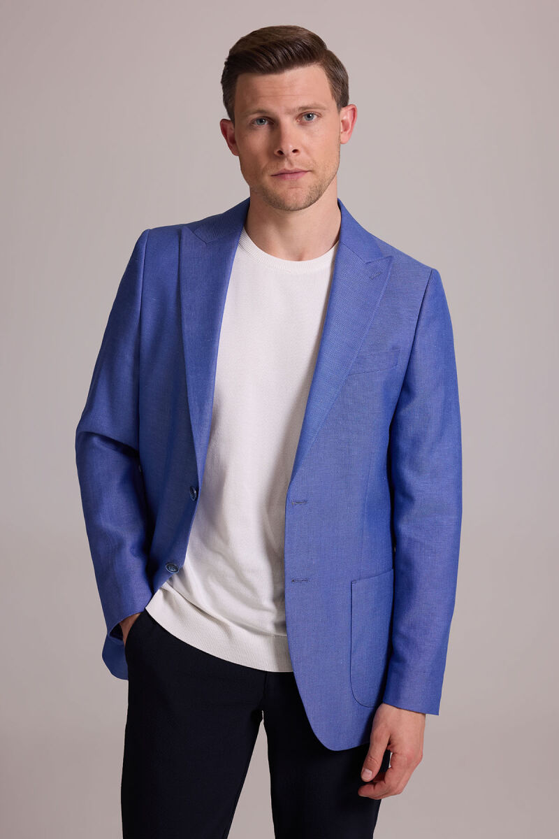 Erkek Saks Mavisi Regular Fit Sivri Yaka Tek Ceket - 7