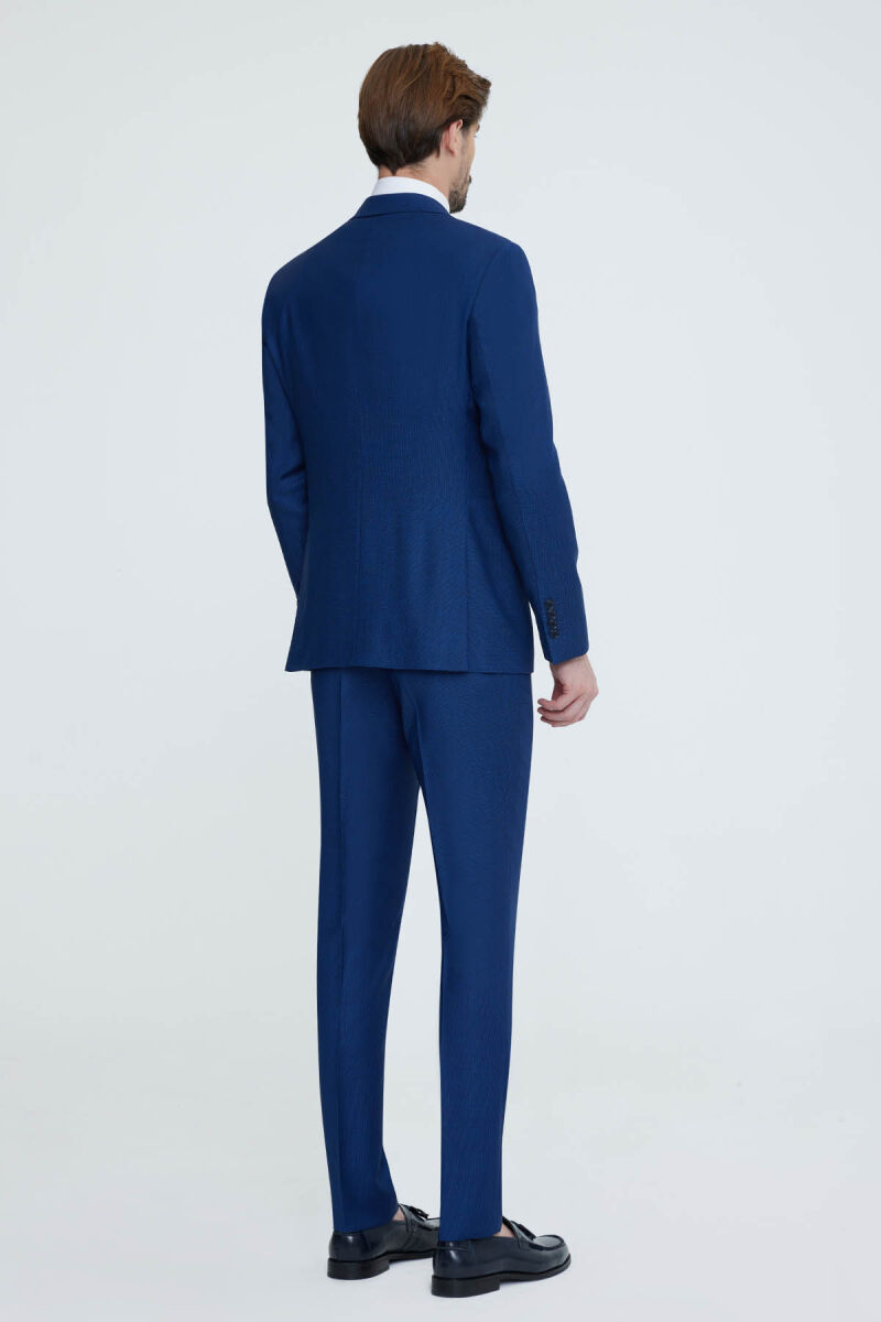 Erkek Saks Mavisi Sivri Yaka Slim Fit Yelekli Takım Elbise - 4