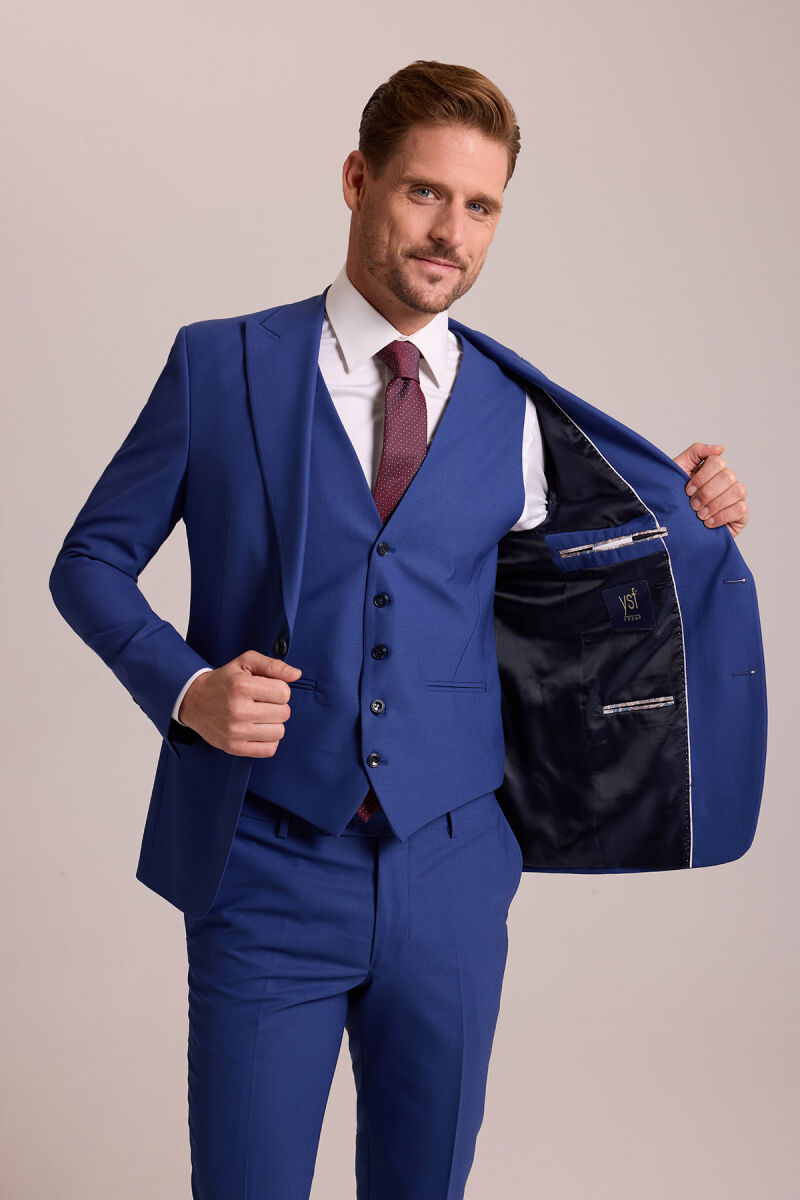 Erkek Saks Mavisi Slim Fit Sivri Yaka Yelekli Yün Takım Elbise - 8