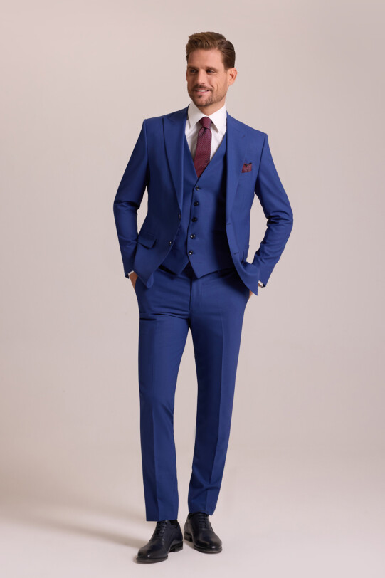 Erkek Saks Mavisi Slim Fit Sivri Yaka Yelekli Yün Takım Elbise