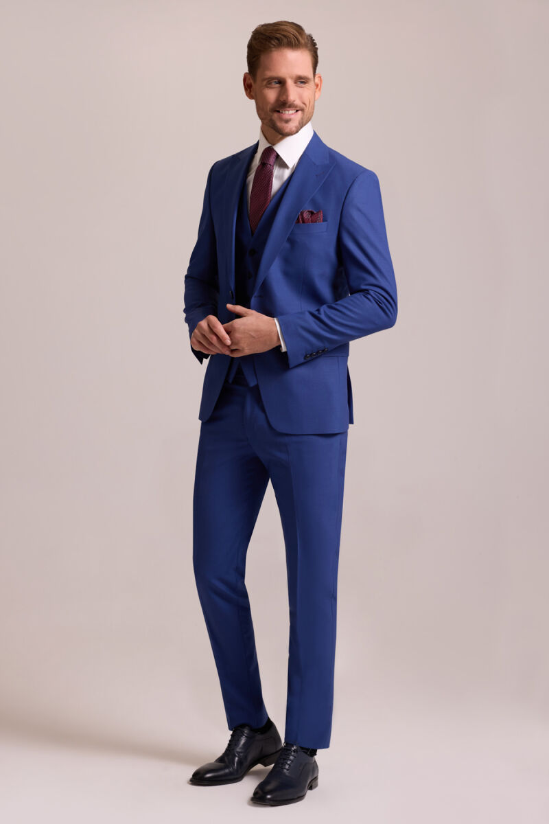 Erkek Saks Mavisi Slim Fit Sivri Yaka Yelekli Yün Takım Elbise - 2
