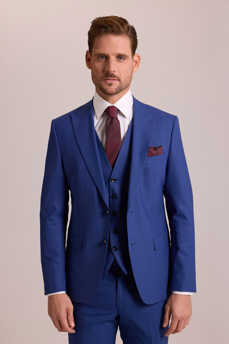 Erkek Saks Mavisi Slim Fit Sivri Yaka Yelekli Yün Takım Elbise - 5