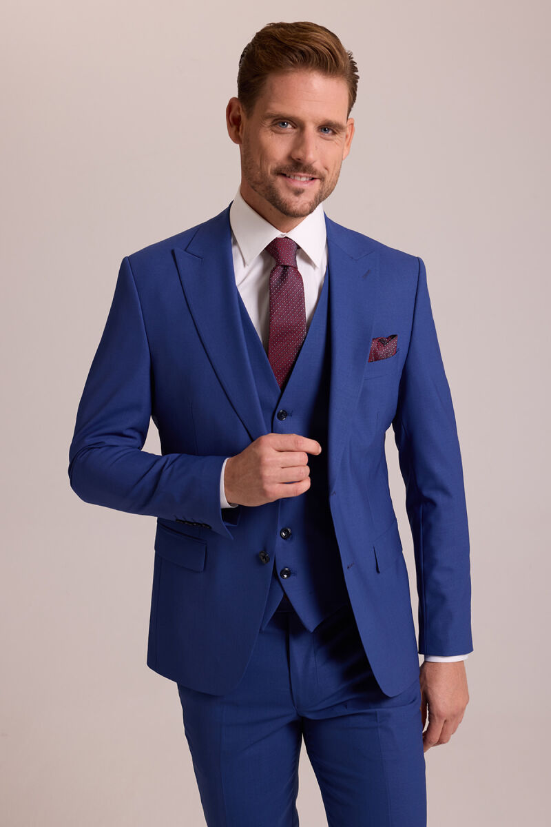 Erkek Saks Mavisi Slim Fit Sivri Yaka Yelekli Yün Takım Elbise - 6