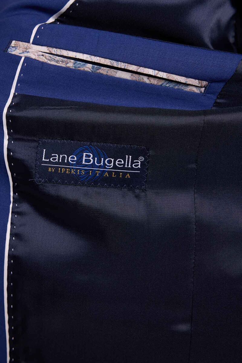 Erkek Saks Mavisi Slim Fit Sivri Yaka Yelekli Yün Takım Elbise - 7