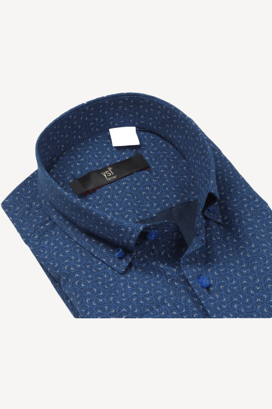 Erkek Saks Mavisi Uzun Kol Klasik Desenli Gömlek