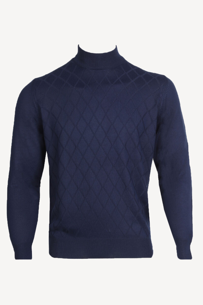 Erkek Saks Mavisi Yarım Balıkçı Yaka Klasik Desenli Triko - 1