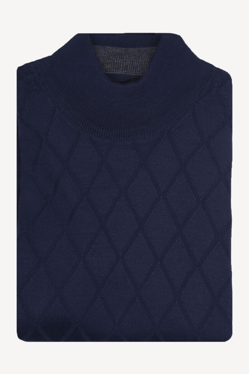 Erkek Saks Mavisi Yarım Balıkçı Yaka Klasik Desenli Triko - 3