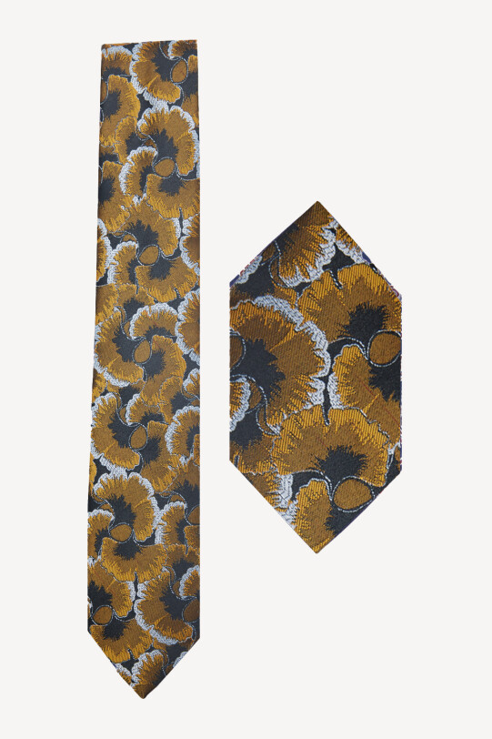 Erkek Sarı Çiçek Desenli Kravat Mendil Set - YSF