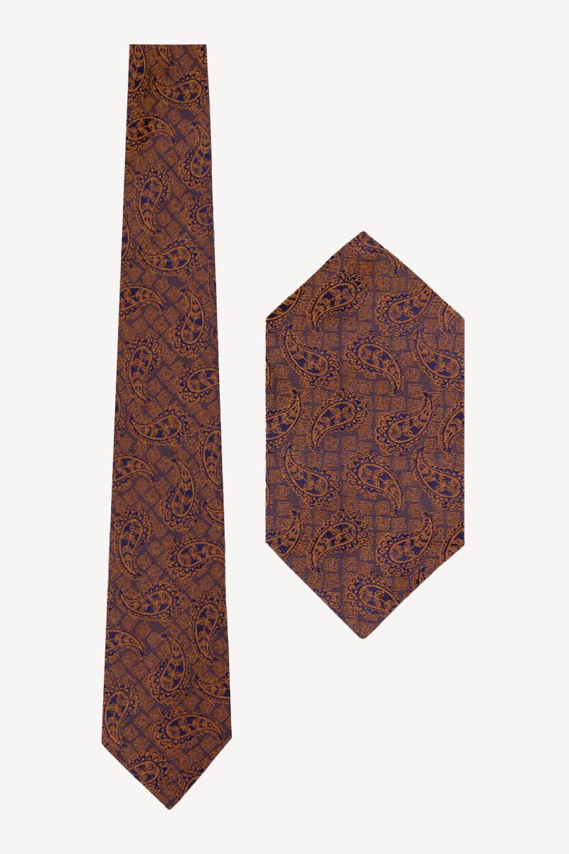 Erkek Sarı Desenli Kravat Mendil Set - 1