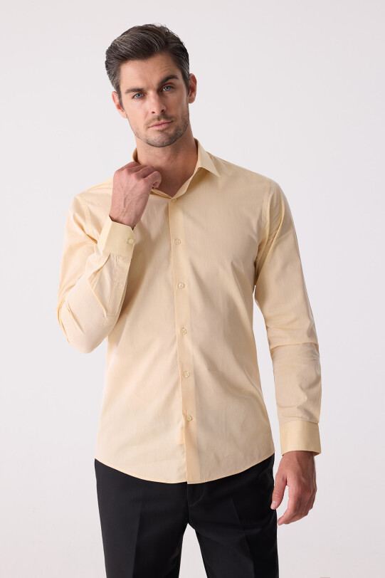 Erkek Sarı Slim Fit Uzun Kollu Gömlek