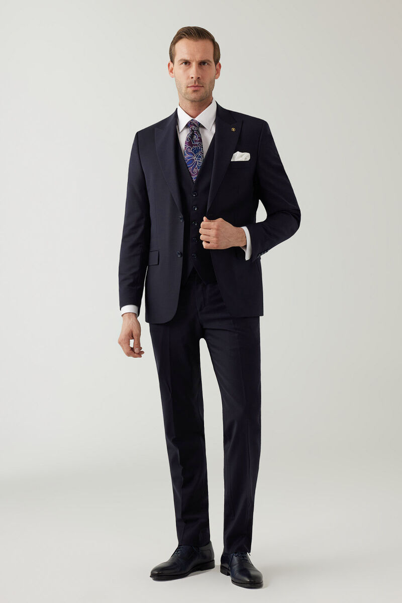 Erkek Lacivert Sivri Yaka Slim Fit Yelekli Takım Elbise - 2