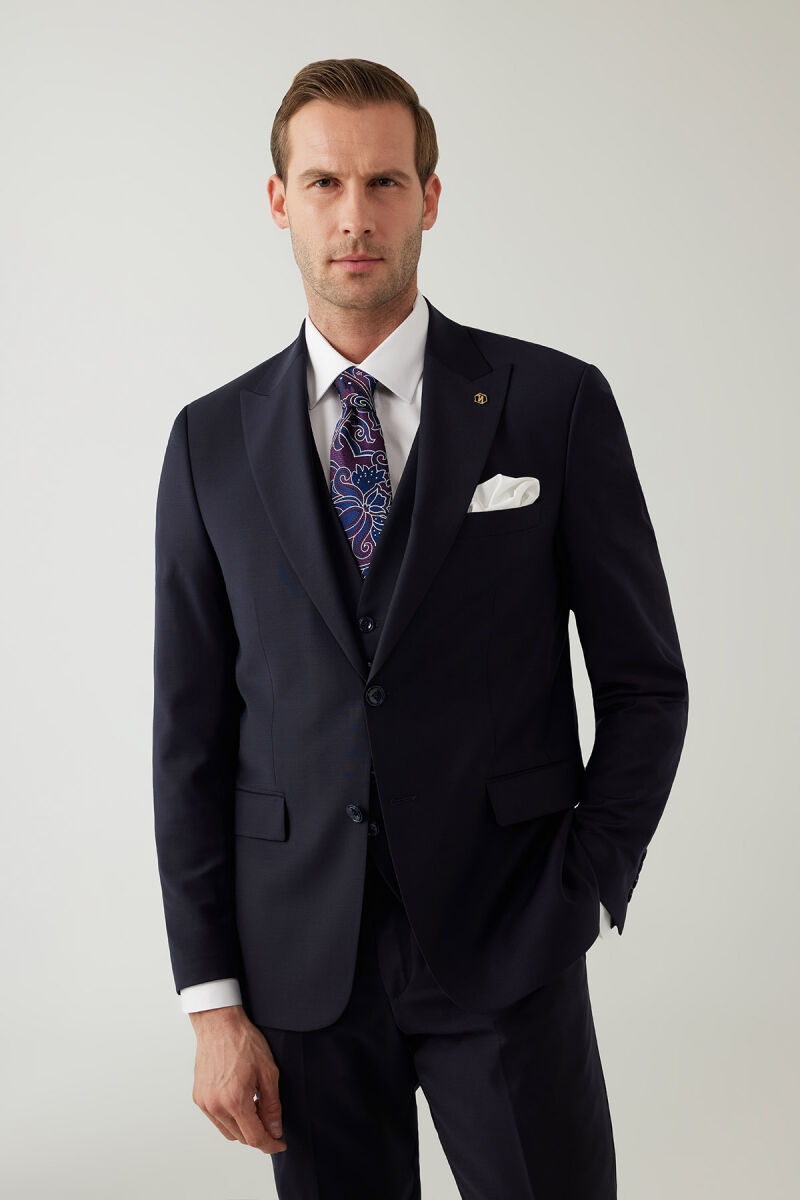 Erkek Lacivert Sivri Yaka Slim Fit Yelekli Takım Elbise - 3