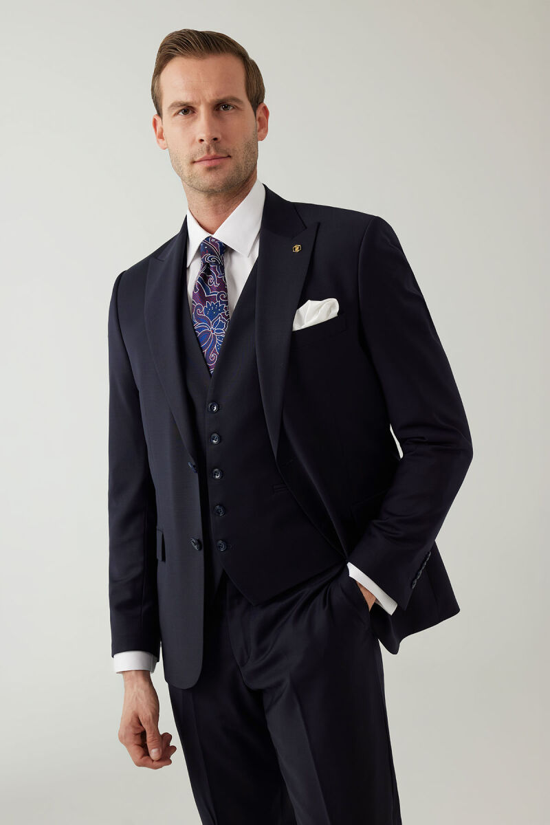 Erkek Lacivert Sivri Yaka Slim Fit Yelekli Takım Elbise - 4