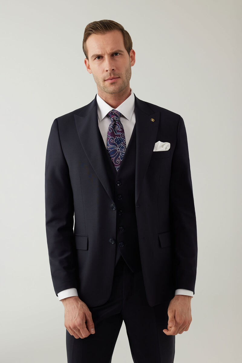 Erkek Lacivert Sivri Yaka Slim Fit Yelekli Takım Elbise - 5