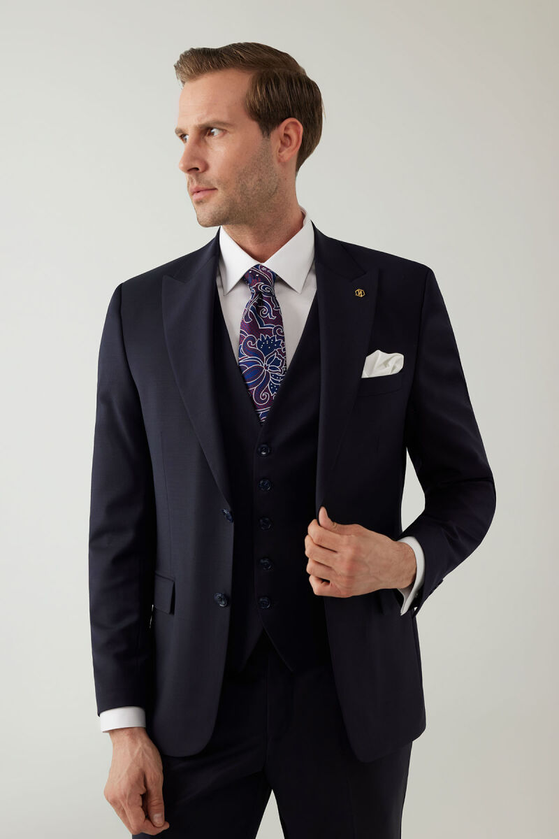 Erkek Lacivert Sivri Yaka Slim Fit Yelekli Takım Elbise - 6