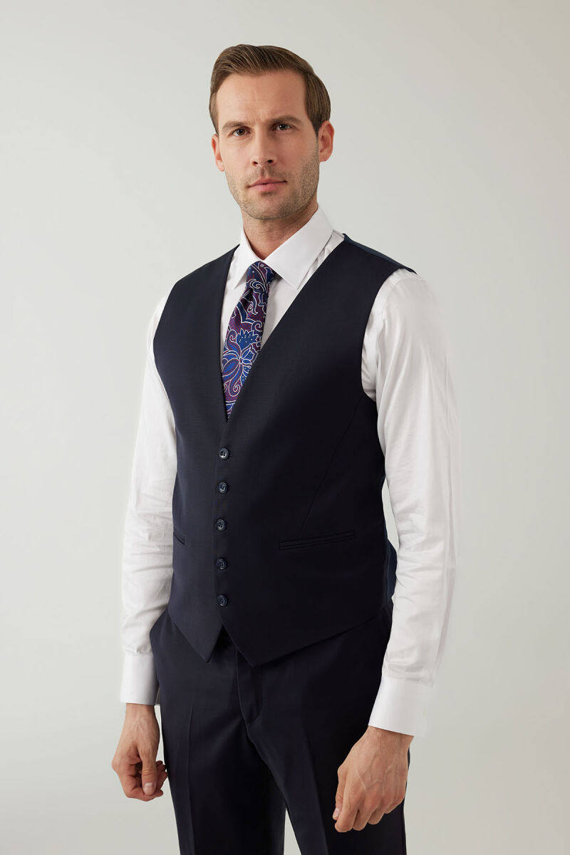Erkek Lacivert Sivri Yaka Slim Fit Yelekli Takım Elbise - 7
