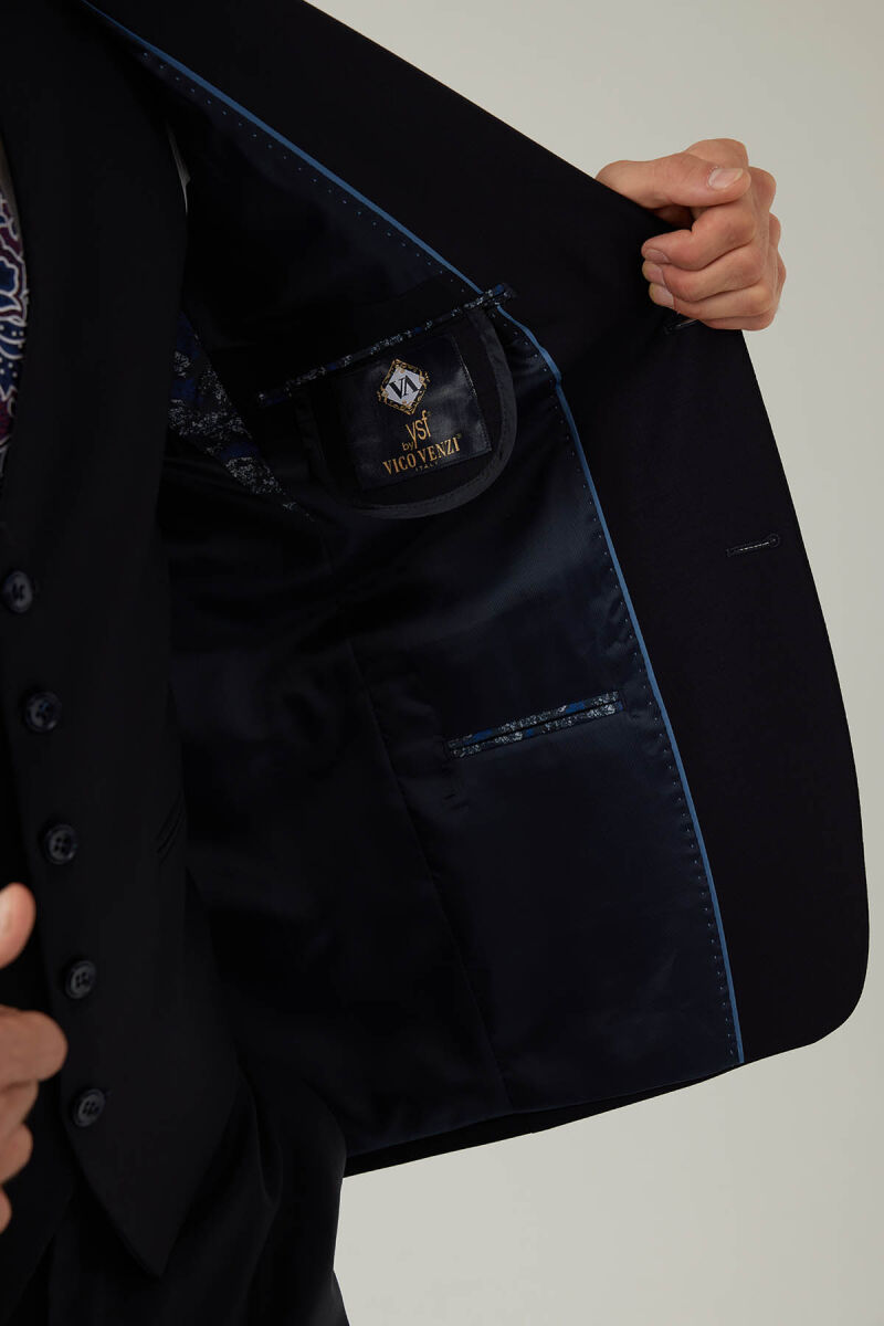 Erkek Lacivert Sivri Yaka Slim Fit Yelekli Takım Elbise - 9