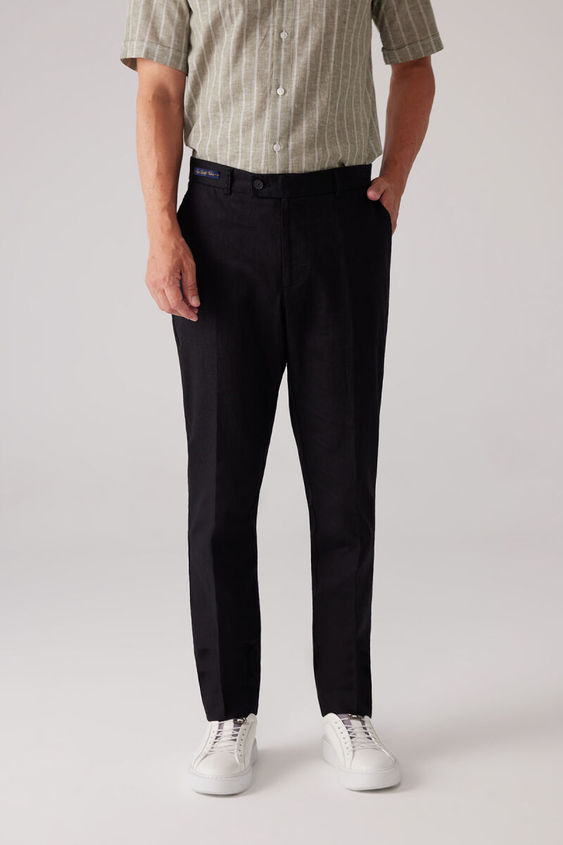 Erkek Siyah %100 Keten Pantolon - 1