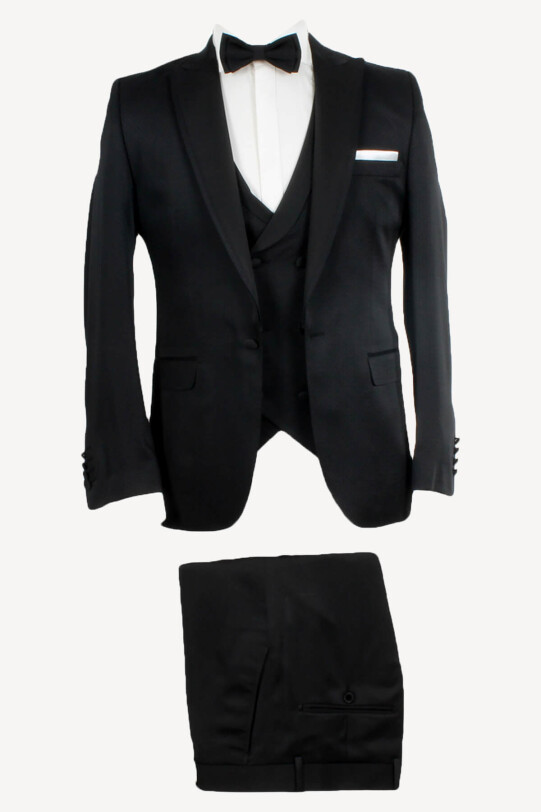 Erkek Siyah Slim Fit Kırlangıç Yaka Yelekli Damatlık