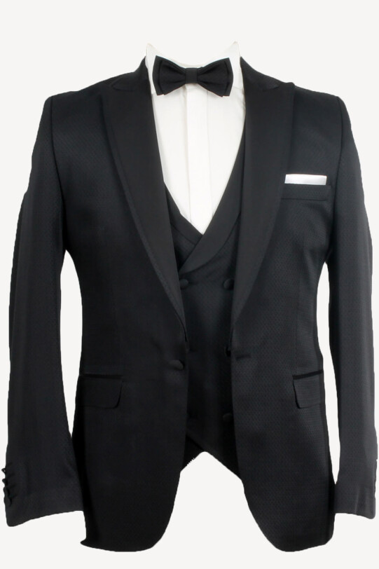 Erkek Siyah Slim Fit Kırlangıç Yaka Yelekli Damatlık