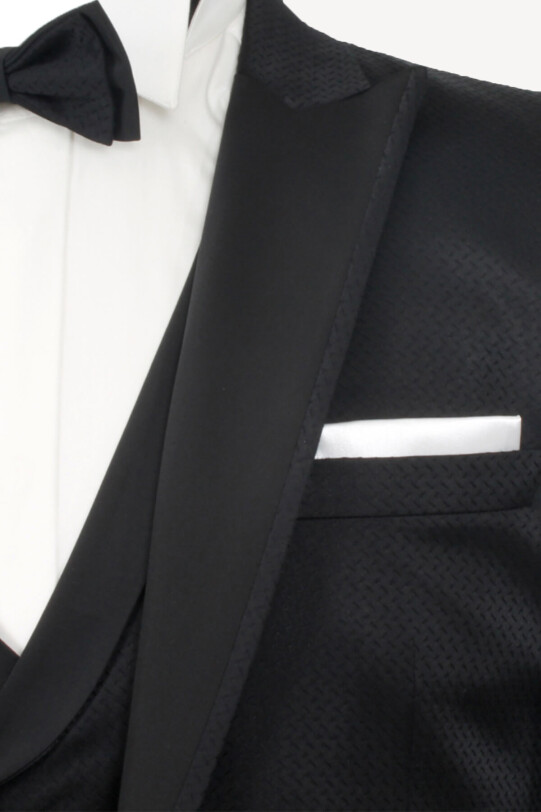 Erkek Siyah Slim Fit Kırlangıç Yaka Yelekli Damatlık