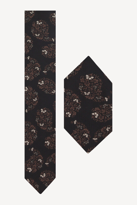 Erkek Siyah Bej Desenli Kravat Mendil Set - YSF