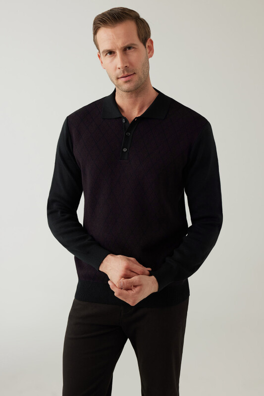 Erkek Siyah Bordo Regular Fit Yün Karışımlı Polo Yaka Triko