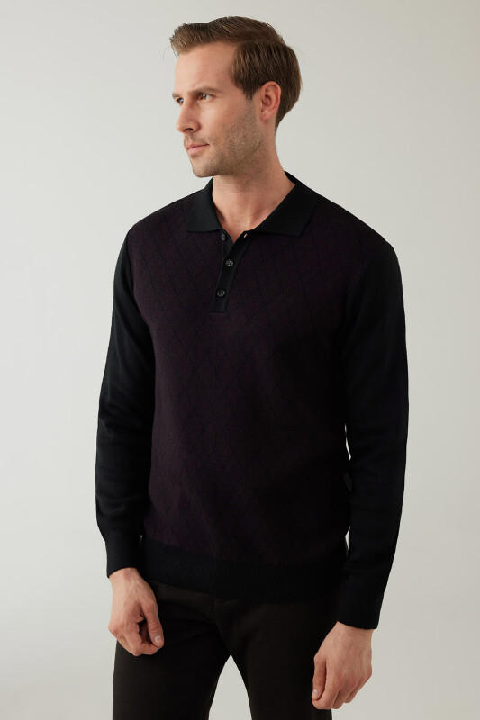 Erkek Siyah Bordo Regular Fit Yün Karışımlı Polo Yaka Triko