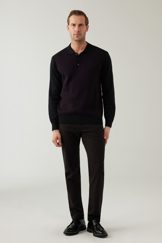Erkek Siyah Bordo Regular Fit Yün Karışımlı Polo Yaka Triko