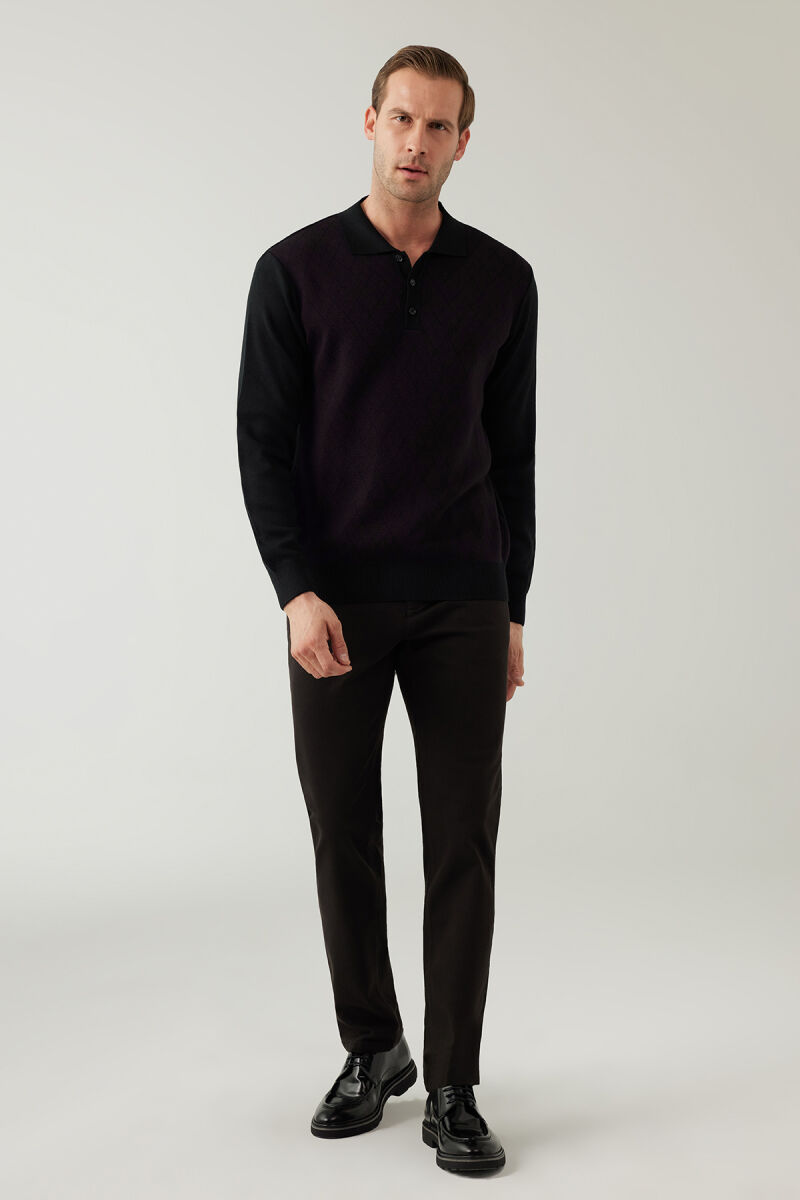 Erkek Siyah Bordo Regular Fit Yün Karışımlı Polo Yaka Triko - 4