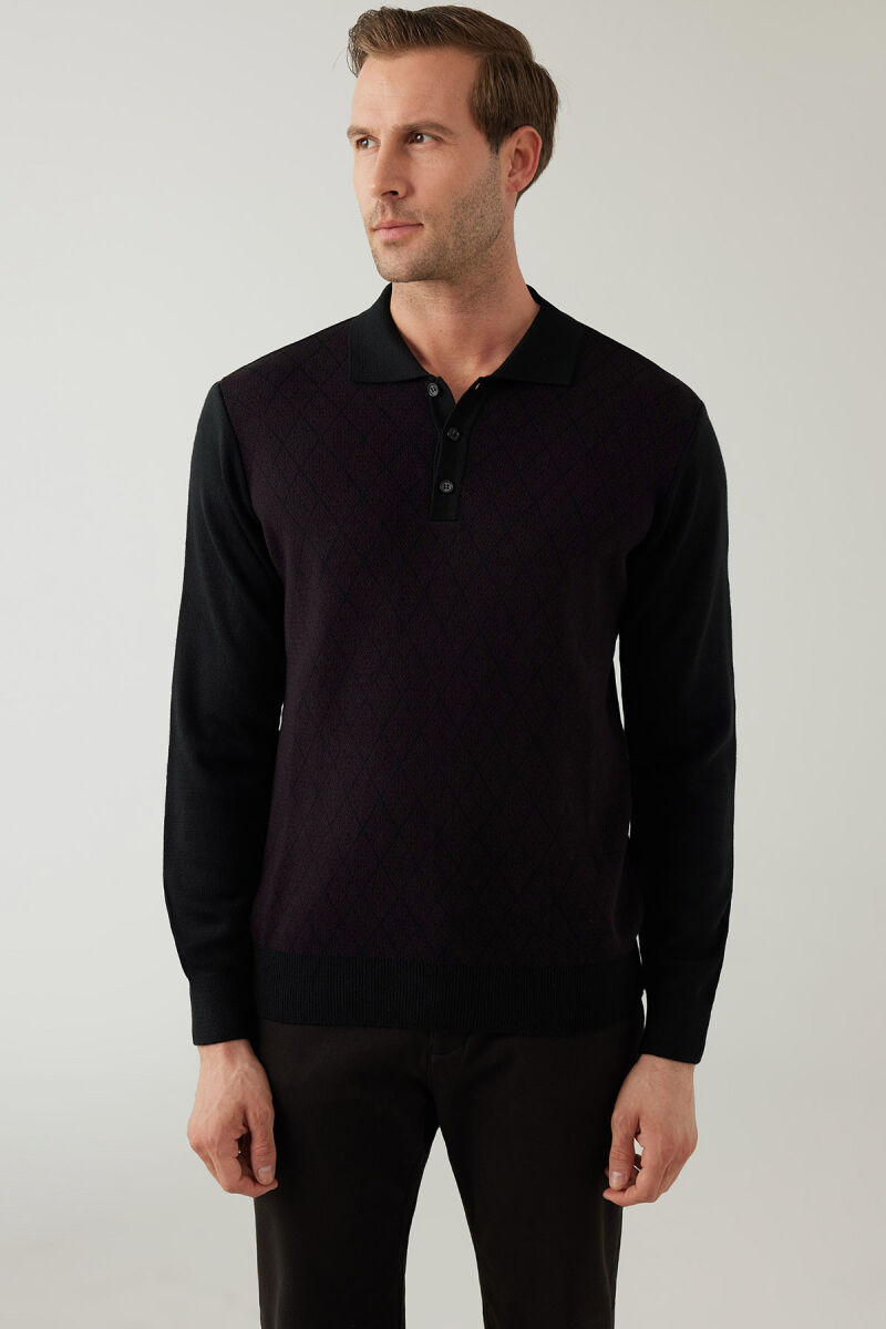 Erkek Siyah Bordo Regular Fit Yün Karışımlı Polo Yaka Triko - 6